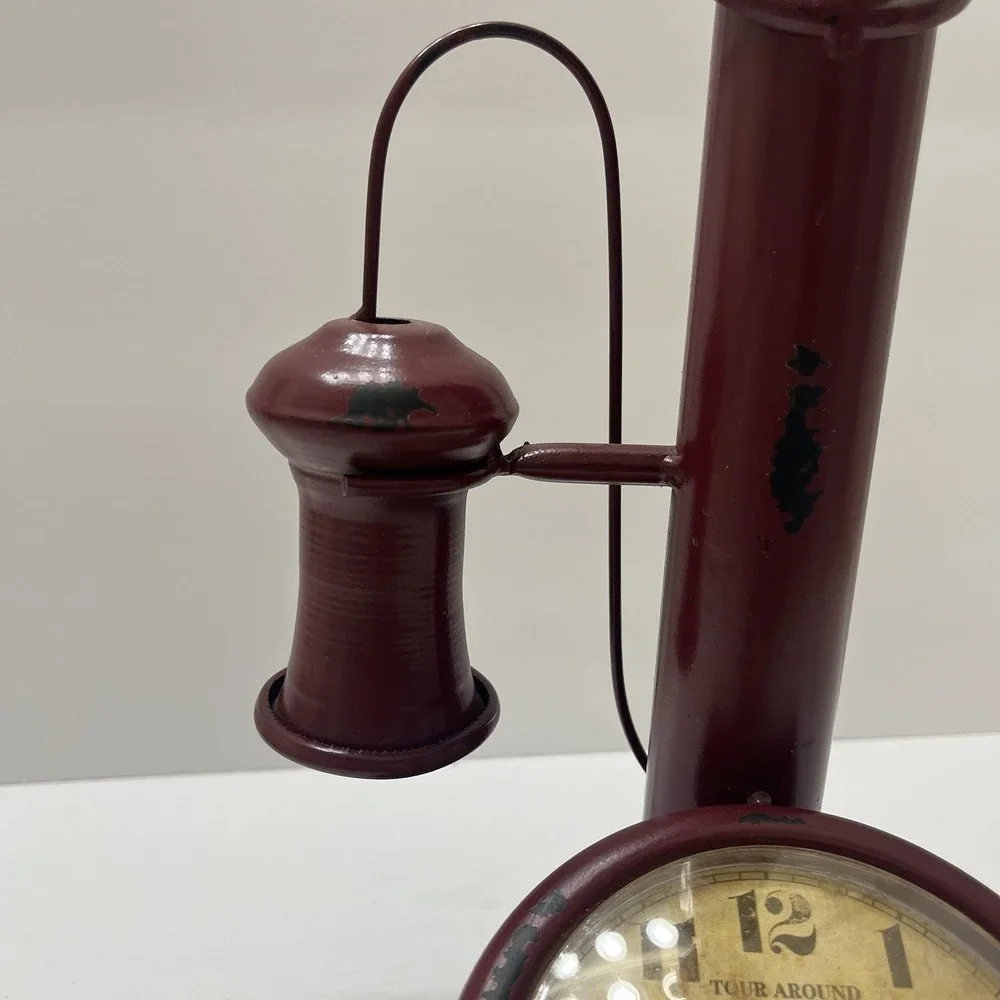 Vintage-Style Clock Red Antiqued Candlestick Phone Shaped Metal Distressed 13